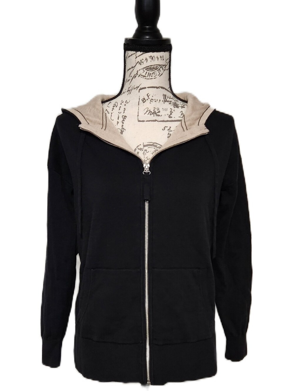 Banana Republic Suprima Cotton Black Hooded Zip Sweatshirt with Beige Lining EUC